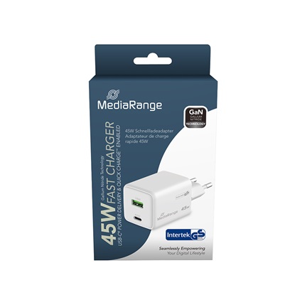 MediaRange 45W GaN Fast Charging Adapter (EU-Plug), 1x USB-C and 1x USB-A, USB-C® Power Delivery and Quick Charge enabled, White(MRMA113-2)-MRMA113-2