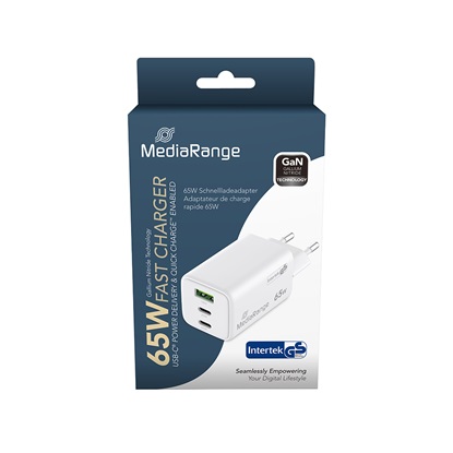 MediaRange 65W GaN Fast Charging Adapter (EU-Plug), 2x USB-C and 1x USB-A, USB-C® Power Delivery and Quick Charge enabled, White (MRMA116-2-MRMA116-2