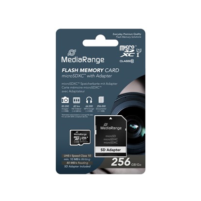 MediaRange microSDXC memory card, UHS-1 | Class 10, with SD adapter, 256GB (MR946)-MR946