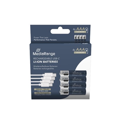 MediaRange Rechargeable USB-C Li-Ion Batteries, Micro AAA I 1.5V I 500mAh, 4-Pack (MRBAT160)-MRBAT160