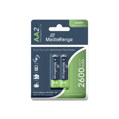 MediaRange High Capacity Rechargeable NiMH Accus Mignon AA|HR6|1.2V Pack 2  (MRBAT123)-MRBAT123