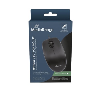 MediaRange Optical Mouse Corded 3-Button Silent-click (Black, Wired) (MROS212)-MROS212