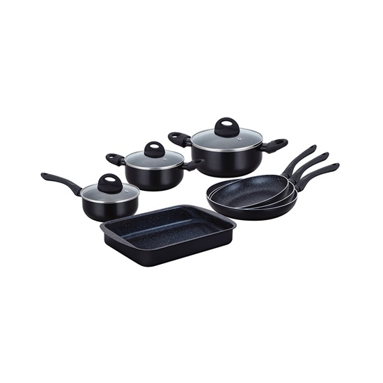 Herzberg Cookware Set of Aluminum with Stone Coating Black 10pcs (9016BLK) (HEZ9016BLK)-HEZ9016BLK