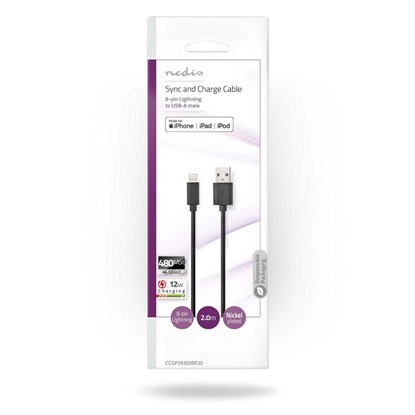 Nedis Regular USB to Lightning Cable Black 2m (CCGP39300BK20) (NEDCCGP39300BK20)-NEDCCGP39300BK20