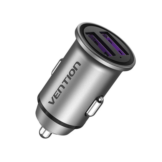 VENTION 2-Port USB (A+A) Car Charger (30W/30W) Gray Mini Style Aluminium Alloy Type (FFEH0) (VENFFEH0)-VENFFEH0