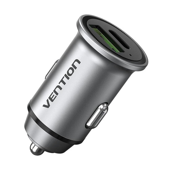 VENTION 2-Port USB (A+C) Car Charger (18W/20W) Gray Mini Style Aluminium Alloy Type (FFBH0) (VENFFBH0)-VENFFBH0