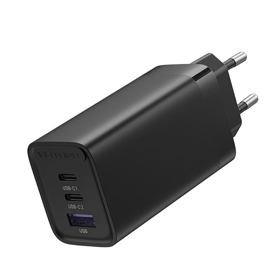 VENTION 3-Port USB (C+C+A) GaN Charger (65W/30W/30W) EU-Plug Black (FEDB0-EU) (VENFEDB0-EU)-VENFEDB0-EU