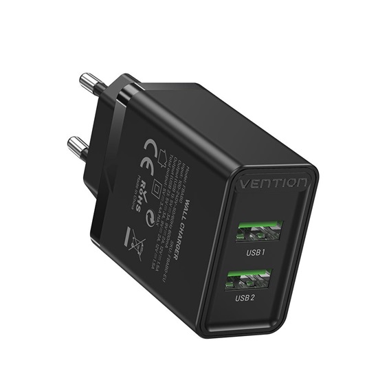 VENTION 2-Port USB (A+A) Wall Charger (18W/18W) EU Black (FBAB0-EU) (VENFBAB0-EU)-VENFBAB0-EU