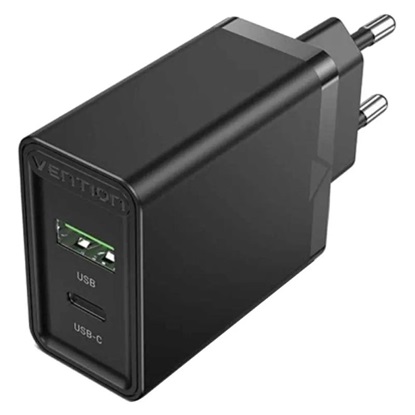 VENTION 2-Port USB (A+C) Wall Charger (18W/20W) EU Black (FBBB0-EU) (VENFBBB0-EU)-VENFBBB0-EU