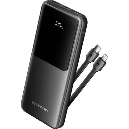 VENTION 10.000mAh Power Bank (Micro-USB + USB-C + USB-A + USB-A) with Built-In Type-C and Lightning Cables 22.5W Black Led Display Type (FHOB0) (VENFHOB0)-VENFHOB0