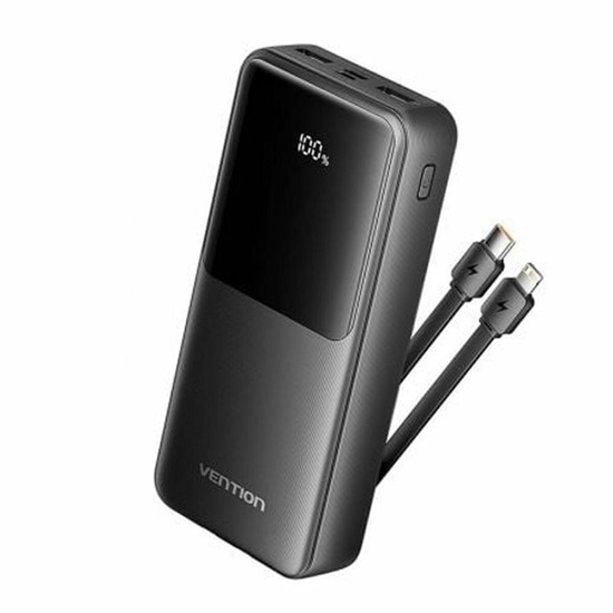 VENTION 20.000mAh Power Bank (Micro-USB + USB-C + USB-A + USB-A) with Built-In Type-C and Lightning Cables 22.5W Black Led Display Type (FHPB0) (VENFHPB0)-VENFHPB0